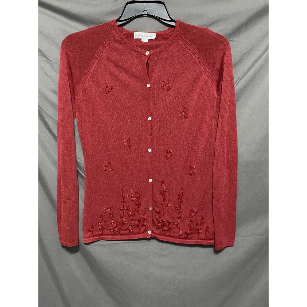 Belldini  Cardigan Women L Floral Embroidered L Sleeve Red Button Down Sweater